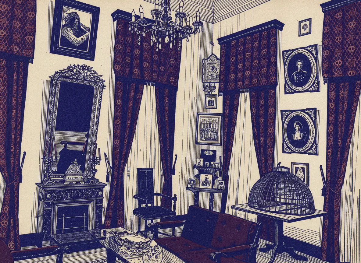 A Parlor with Portraits and a Birdcage