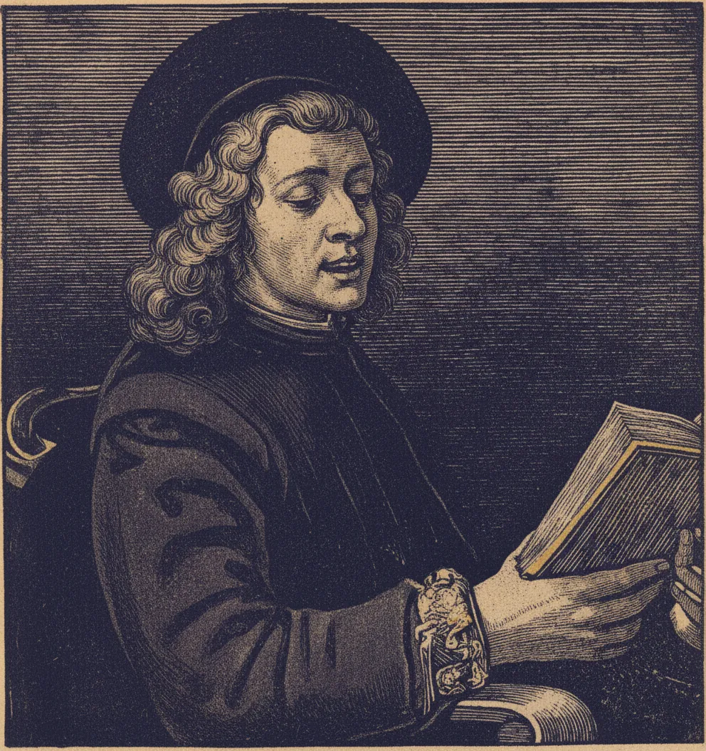 Author mark for James Parker — a reader over open pages, after Rembrandt