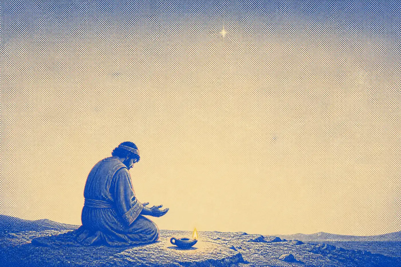 A young man kneeling alone on bare stone under an enormous night sky, hands open and empty, a single small oil lamp beside him.