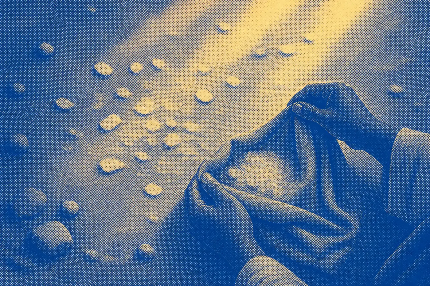 Manna on the desert floor at first light, seen from directly above, with two hands gathering a single day's portion into a cloth.