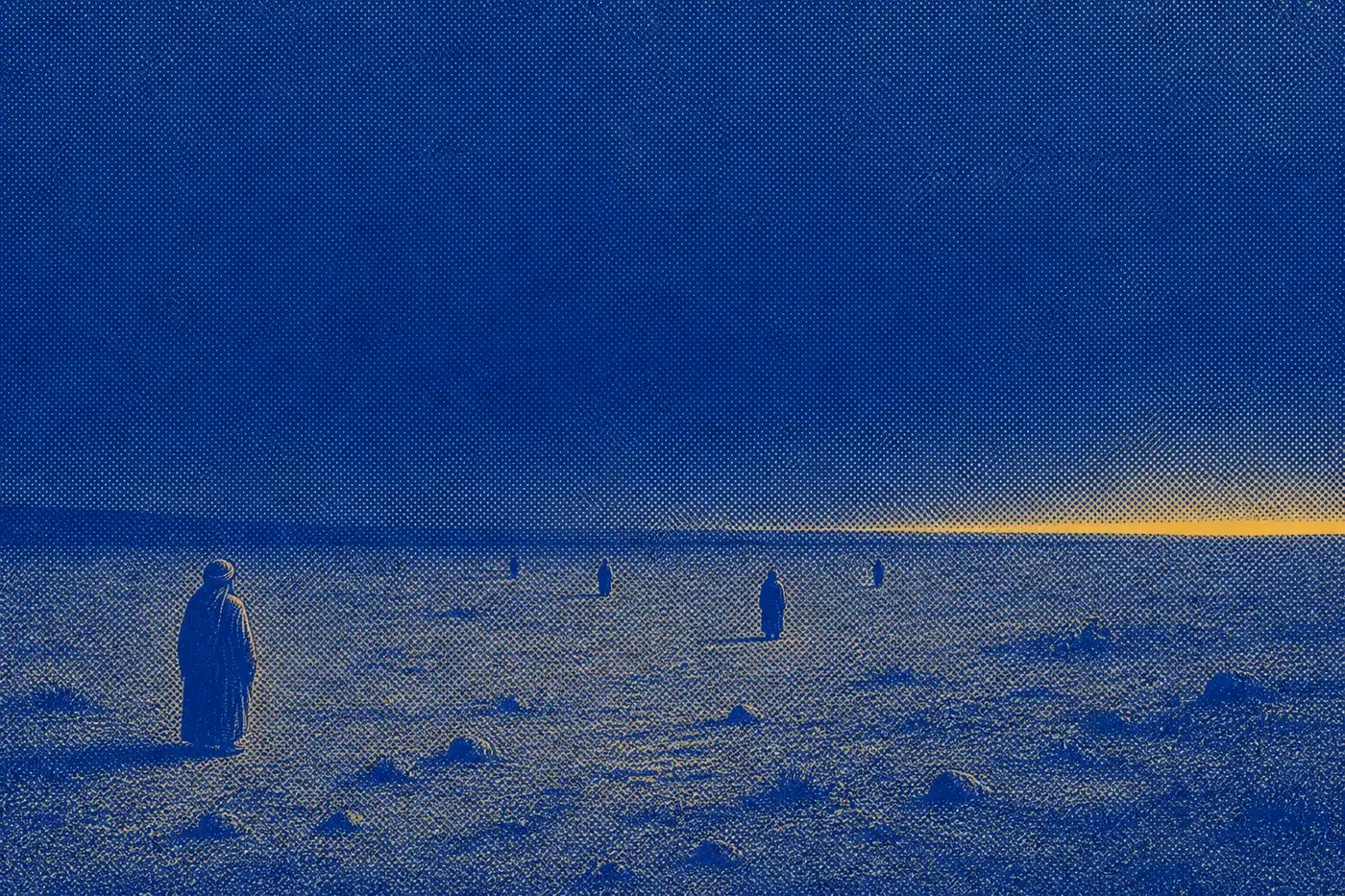 Darkness lying over an entire landscape at midday, small scattered figures standing far apart beneath it, with one thin seam of light left at the horizon.