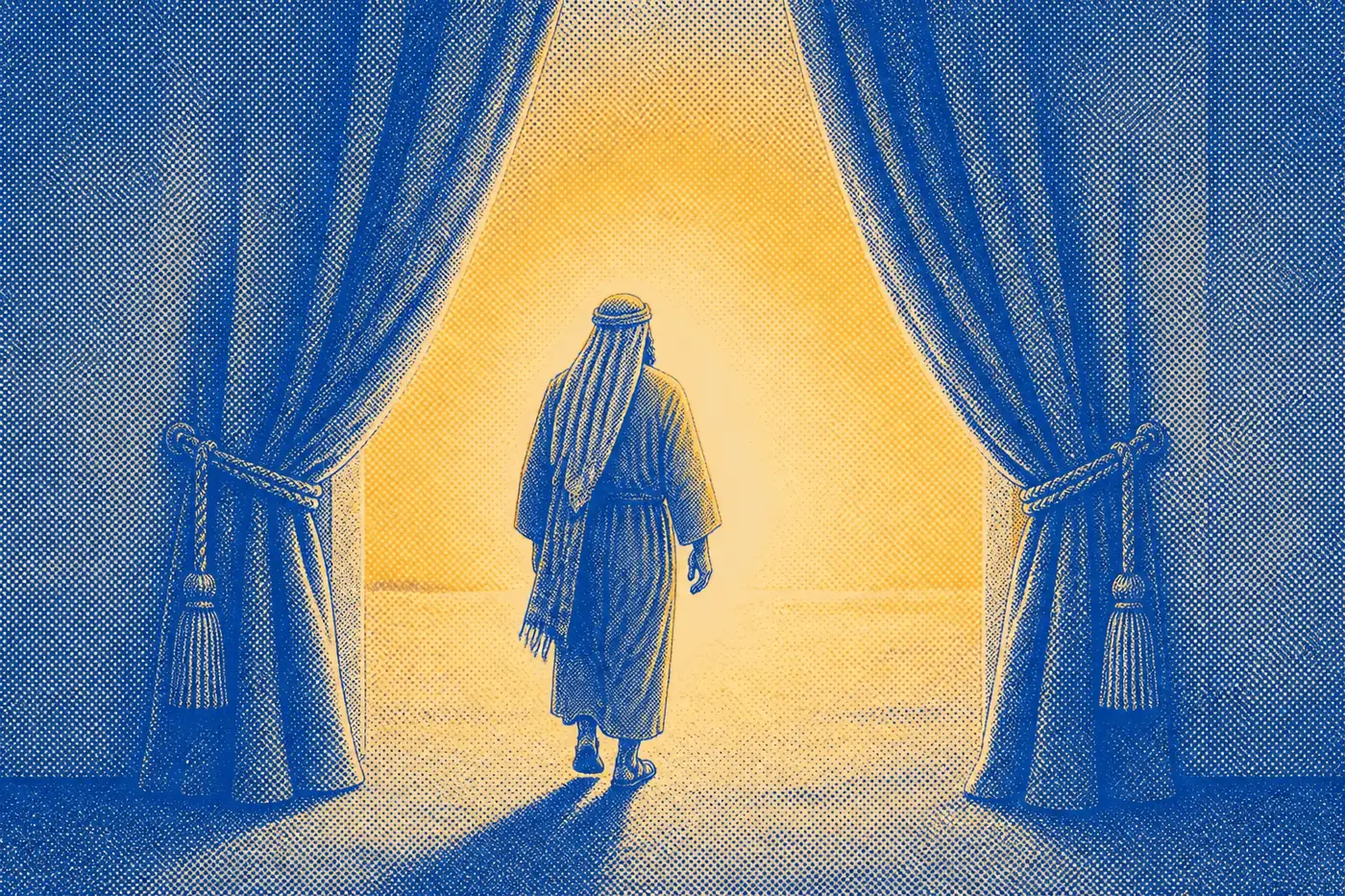 Seen from directly behind, a single robed figure walking forward through an opened way toward warm light, with no attendant or barrier.