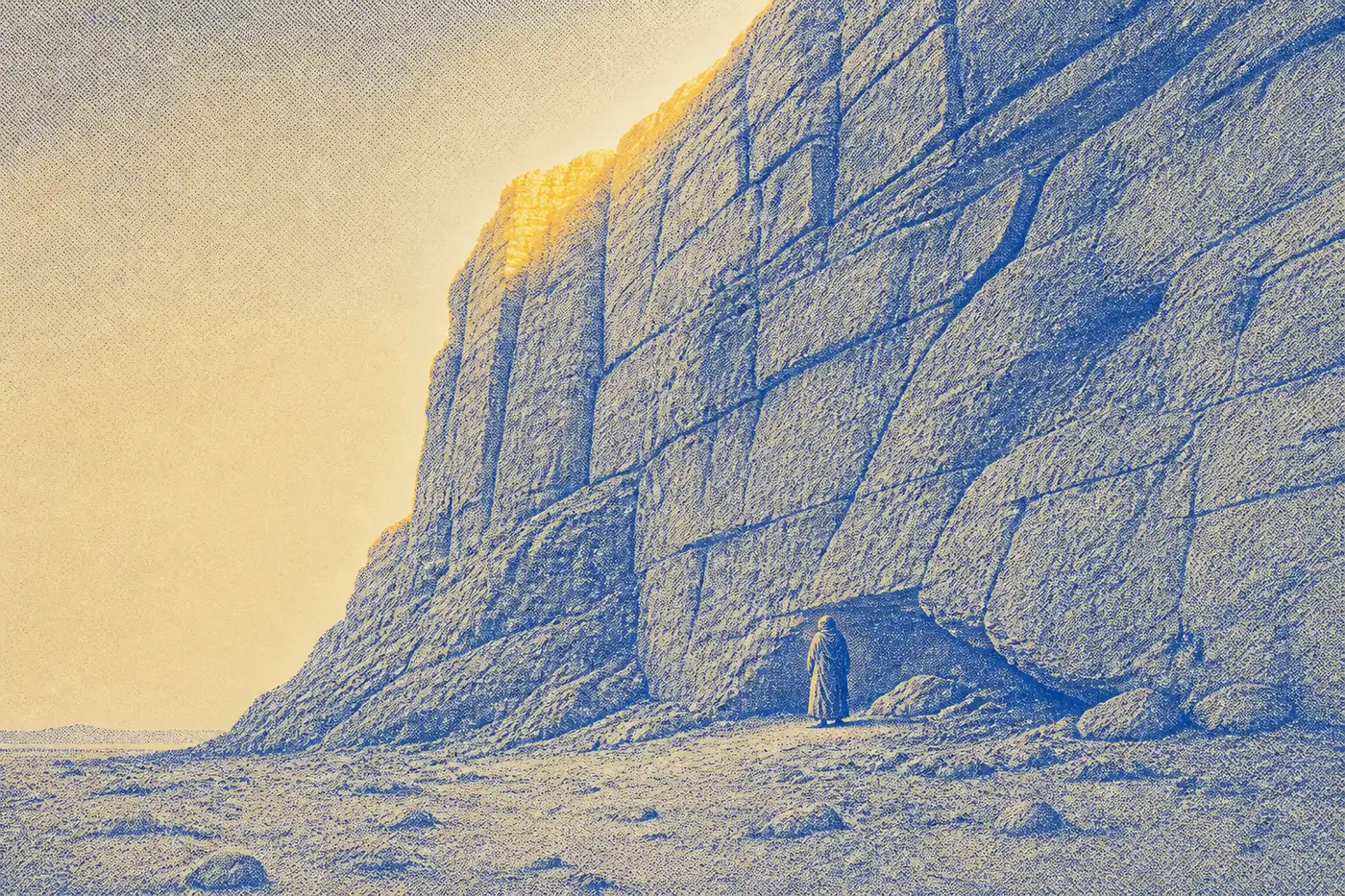 An enormous sheer rock cliff face filling most of the frame, with one very small robed figure sheltering at its base.