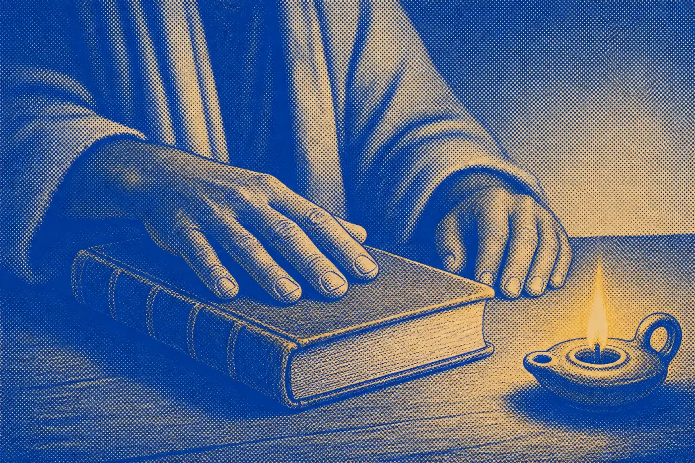 A close view from low of one hand closing a heavy bound book on a plain wooden table, an oil lamp burning beside it.