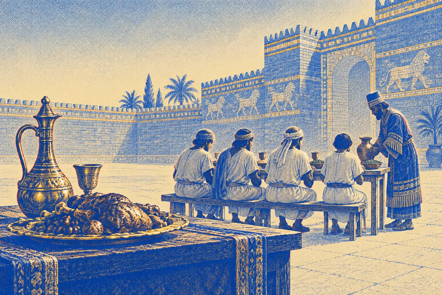 Four young men seen from behind at a table of vegetables and cups of water, in a Babylonian courtyard with glazed-brick lion reliefs. A steward sets down a jar. Roast meat and a wine jug sit untouched in the foreground.