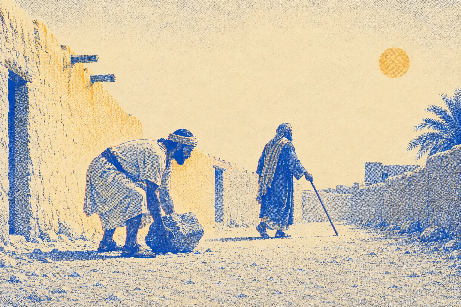 A village street at midday, a man in a woven tunic bending to lift a large stone off the path while an older man with a long walking stick feels his way along the same street