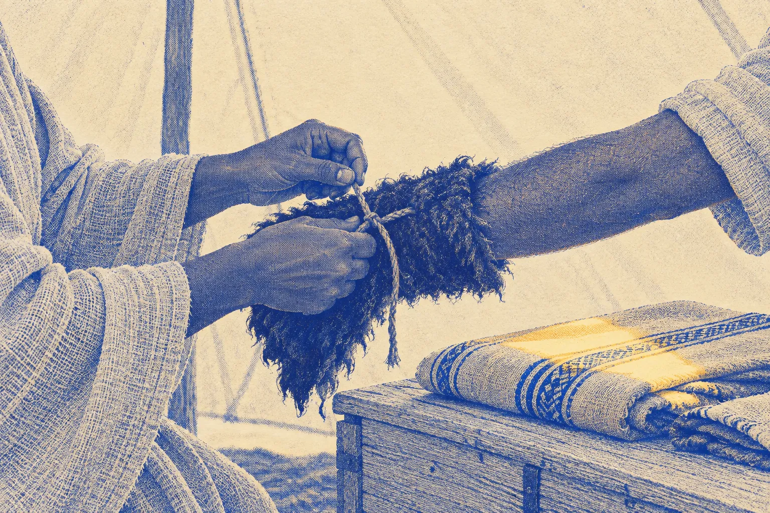 Inside a dim tent, a woman's hands binding a piece of shaggy goatskin around a young man's bare forearm, a folded fine robe waiting on a chest beside them, lamplight from one side