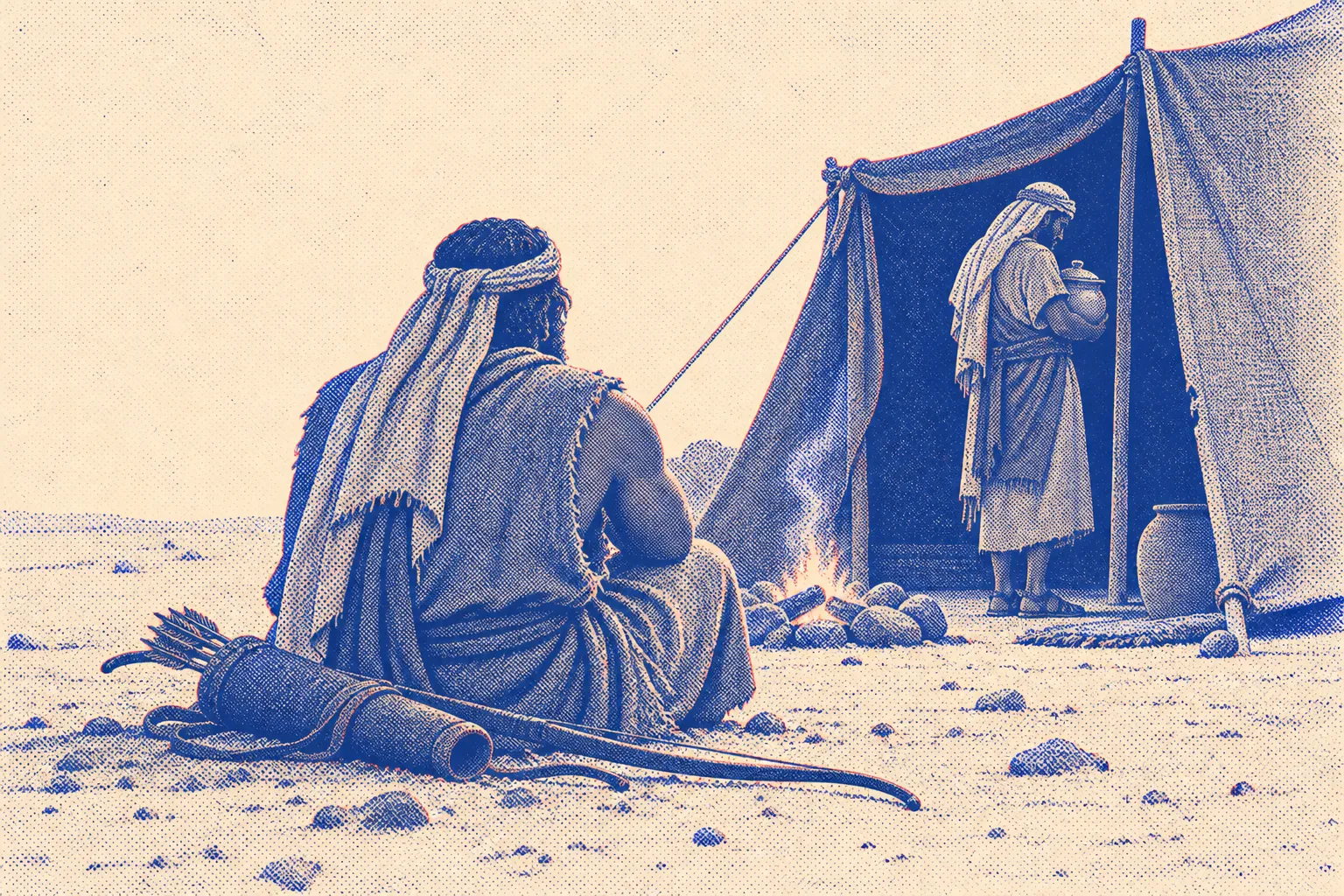 Over the shoulder of an exhausted hunter slumped on the ground with his bow and quiver beside him, looking across a small cooking fire toward his brother standing in the tent doorway with a clay pot of stew