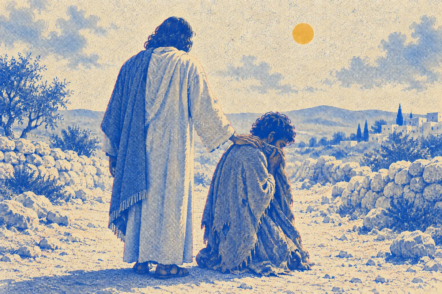 On a stony roadside, seen from behind a standing man in a woven mantle, a kneeling man in torn clothes with his hair hanging loose covers his mouth with one hand as the standing man's hand rests on his shoulder