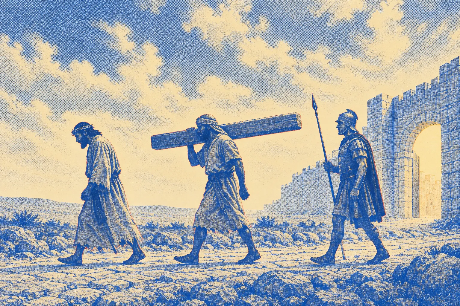A strong man in a plain country tunic seen from the side, carrying a rough wooden beam along his shoulder on a stone road outside a city gate, following a few paces behind a man in a torn garment, with a Roman soldier walking behind them