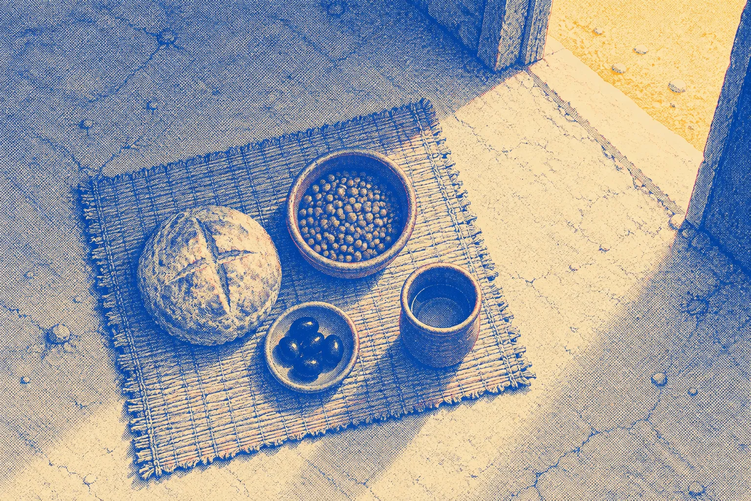 A simple meal set out on a woven mat in a shaded doorway at midday, a round loaf, a bowl of lentils and a clay cup, with no one hurrying to eat