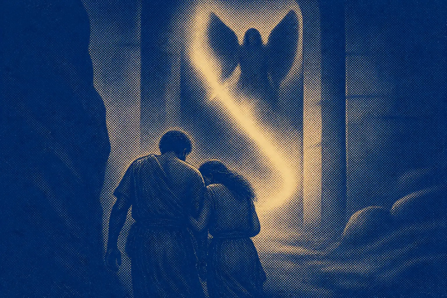 Two figures walking away from a lit gateway into darkness, seen from behind, shoulders touching.