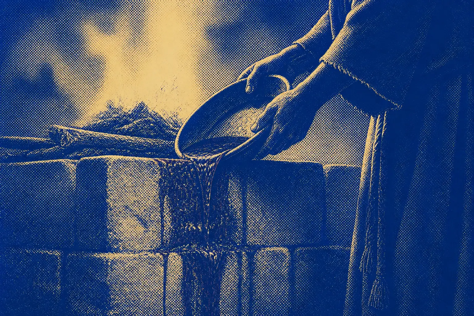 Tight on the base of a stone altar, a pour running down wet stone, fire cropped above the frame.