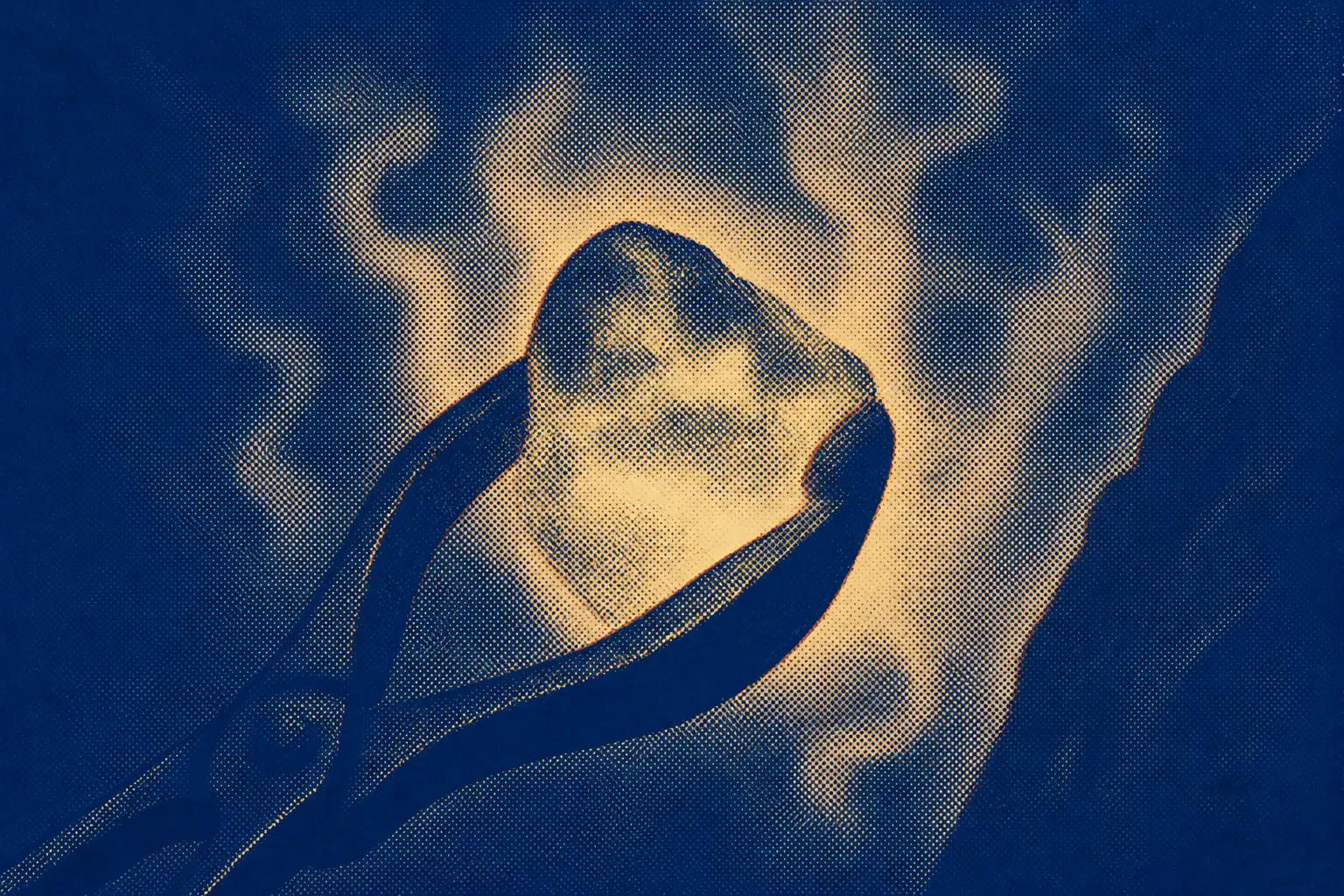 A single burning coal held in long metal tongs, glowing fiercely against overwhelming darkness and rising smoke.