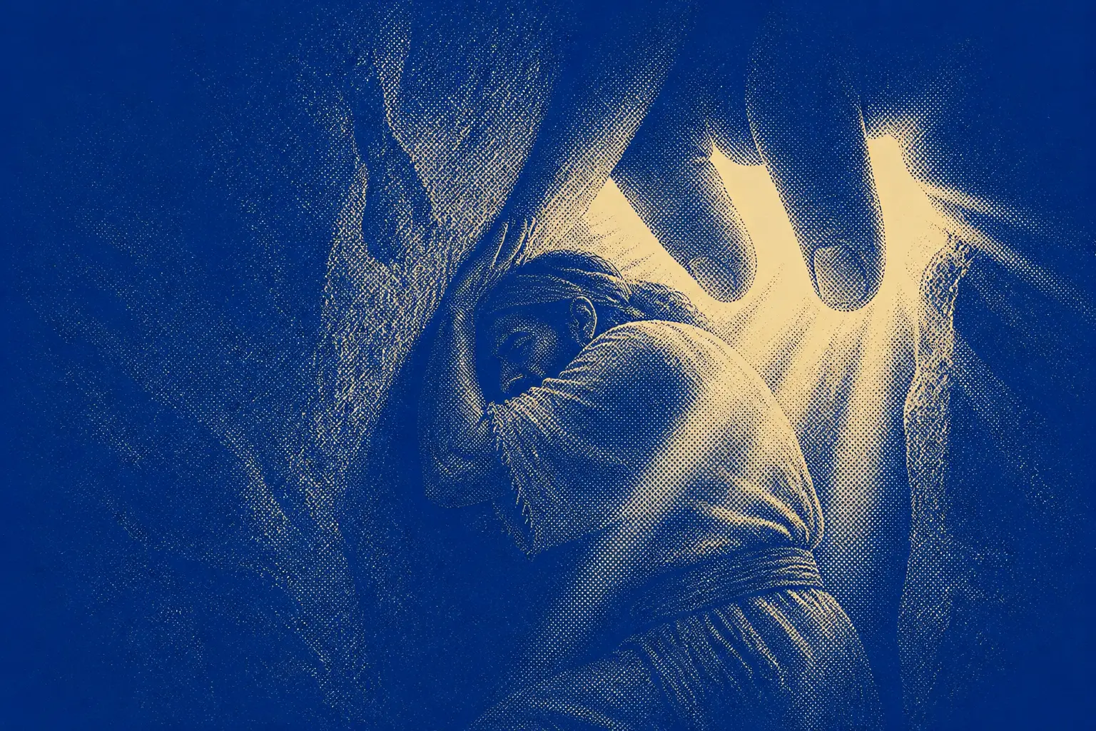 A man pressed into black rock while a vast hand covers the opening, light breaking between the fingers.