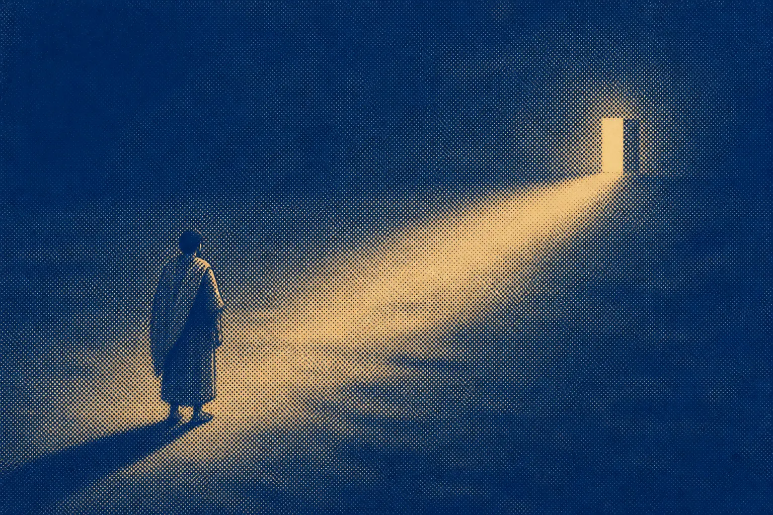 A lone figure at a great distance from a lit doorway across dark open ground.