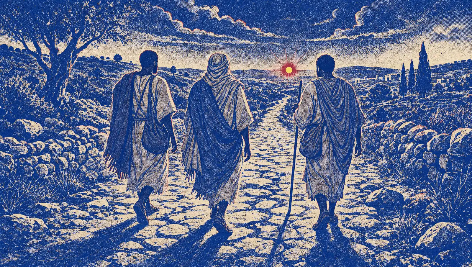 Three figures walking away down a wide stone road toward a low sun, long shadows stretching behind them, in deep cobalt and cream halftone.