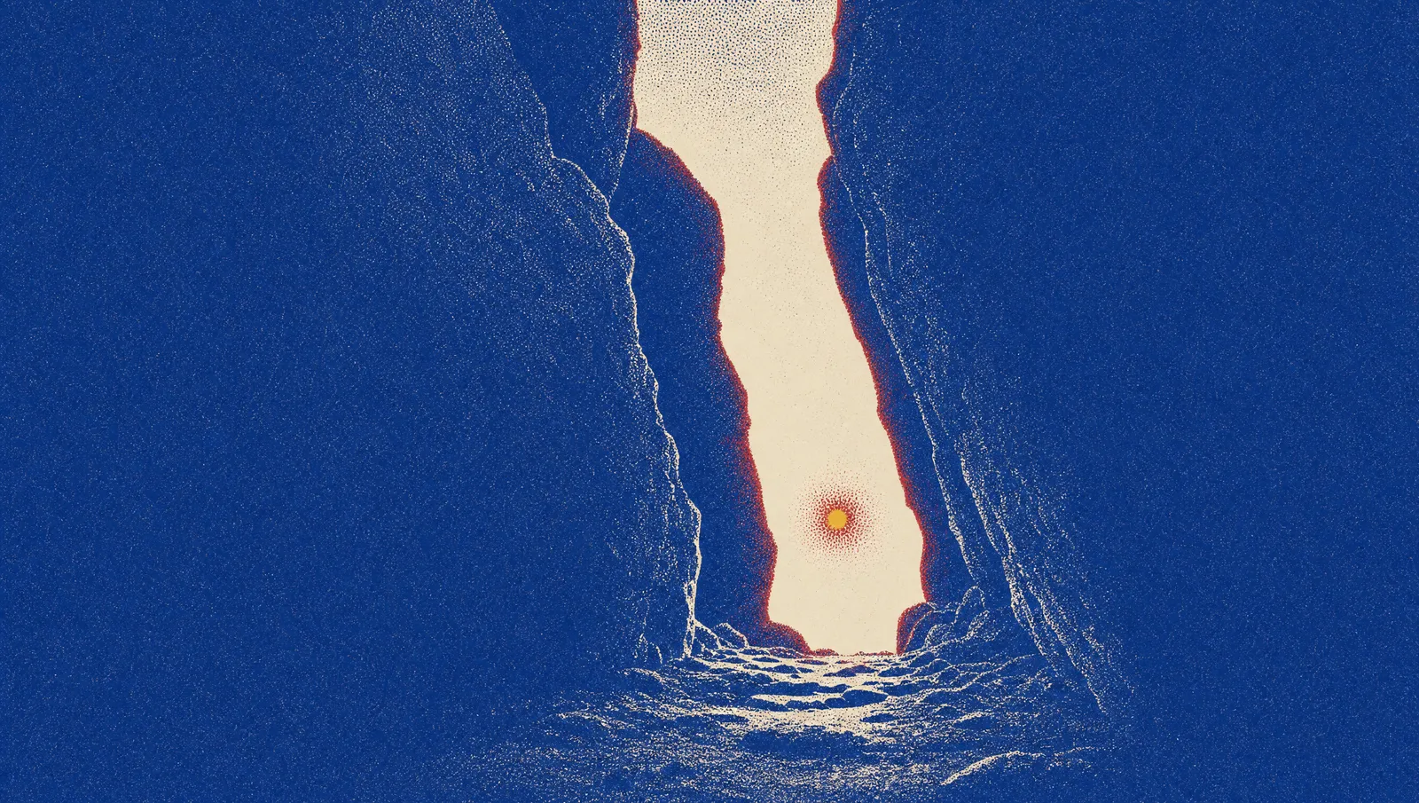 A narrow cleft between two dark rock walls, with pale light pouring through the opening from behind them.