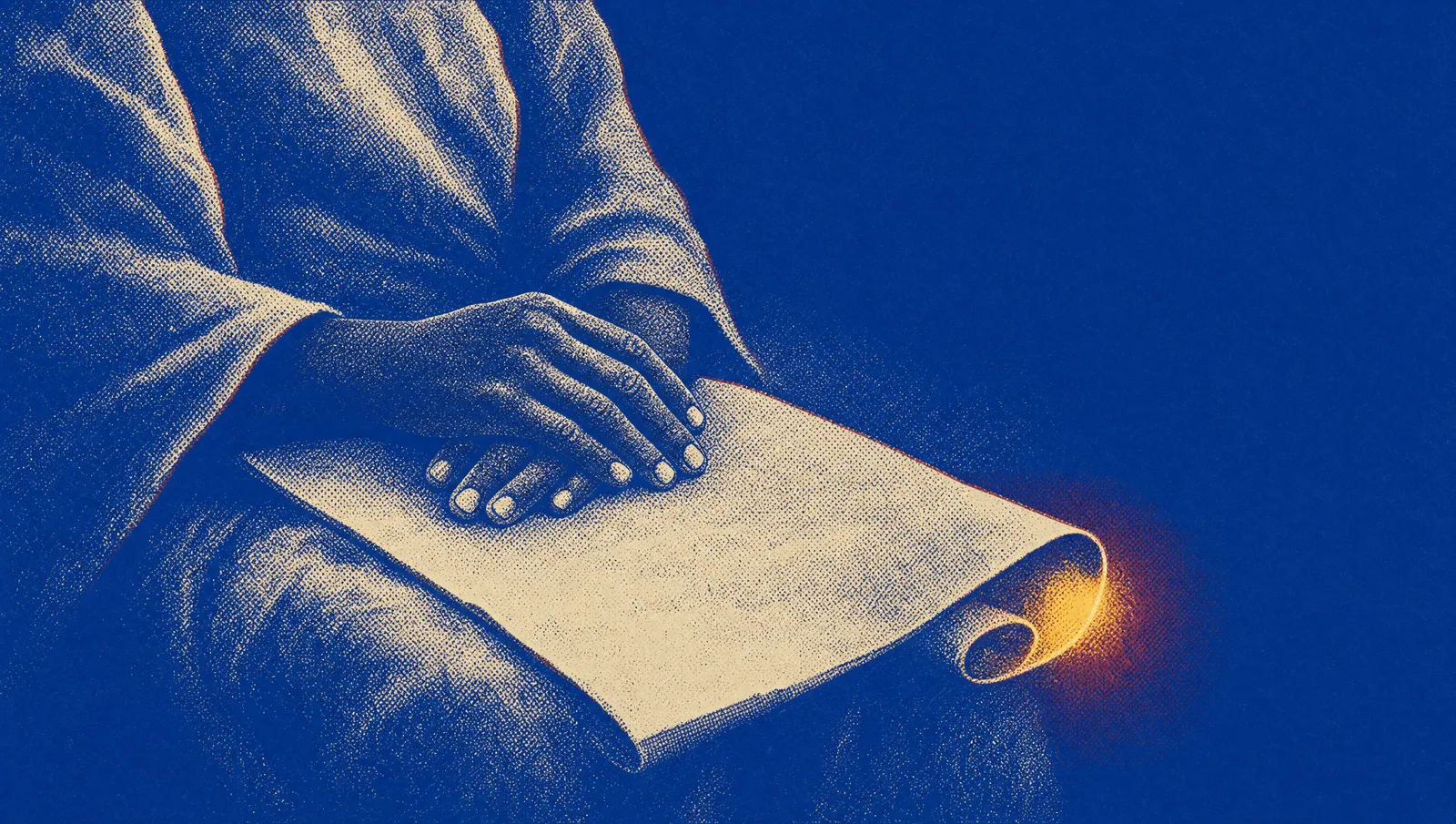 A pair of hands laid still and folded over an open scroll, rendered in deep cobalt and cream halftone.