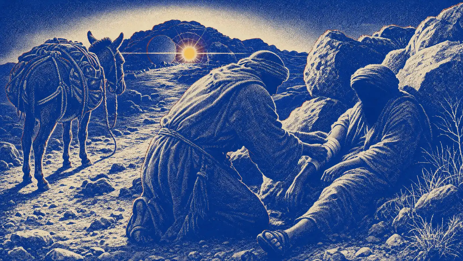 One traveller kneeling to bandage the arm of another at the roadside, a pack animal standing behind them, in deep cobalt and cream halftone.