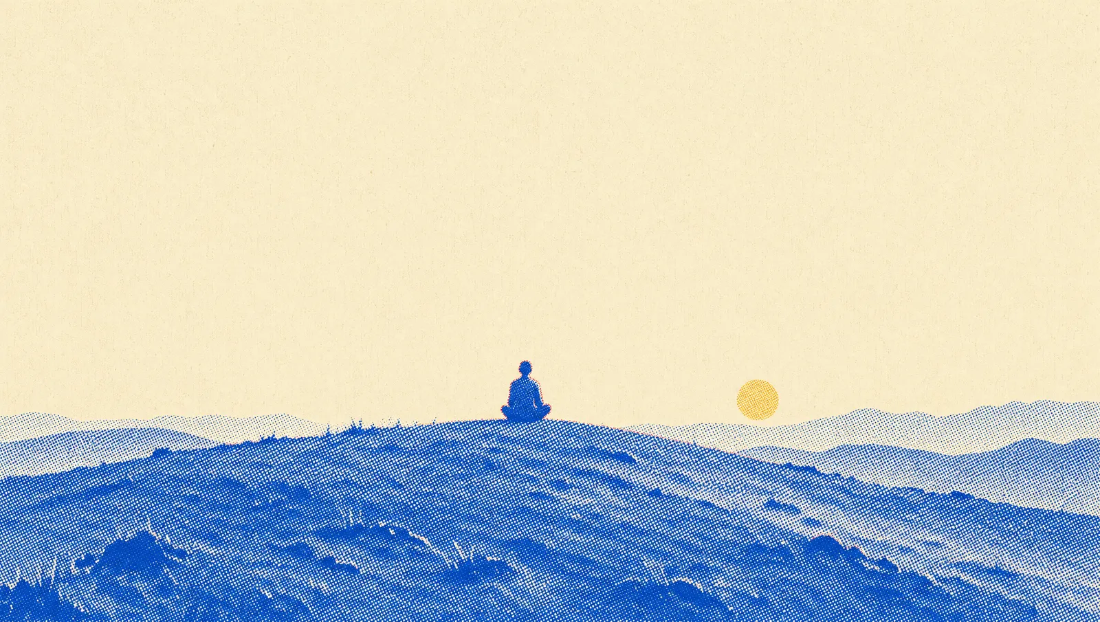 A lone figure seated in stillness on a blue halftone hill beneath a vast cream sky, a small golden sun low on the horizon