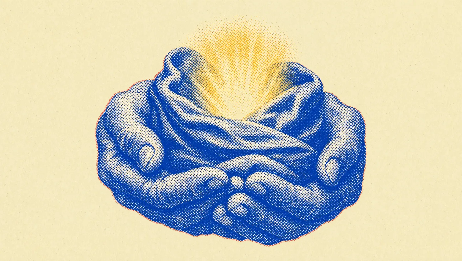 Two weathered hands cradling a small swaddled bundle from which a warm golden glow rises