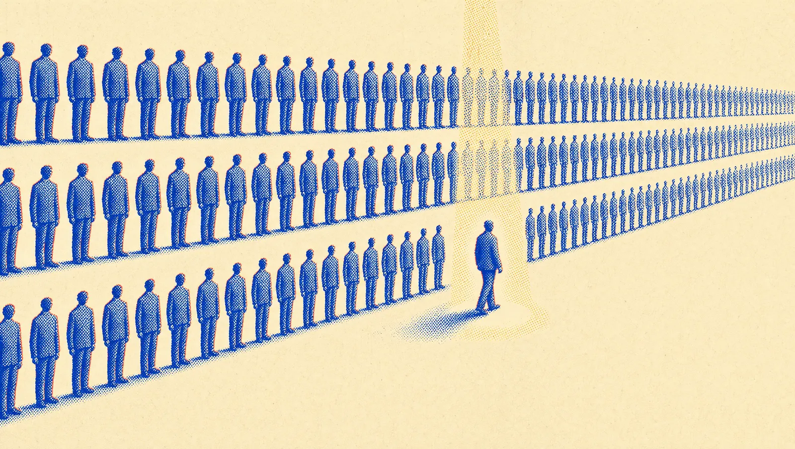 Rows of identical halftone figures arranged like ledger entries, one figure stepping out of line into a shaft of golden light