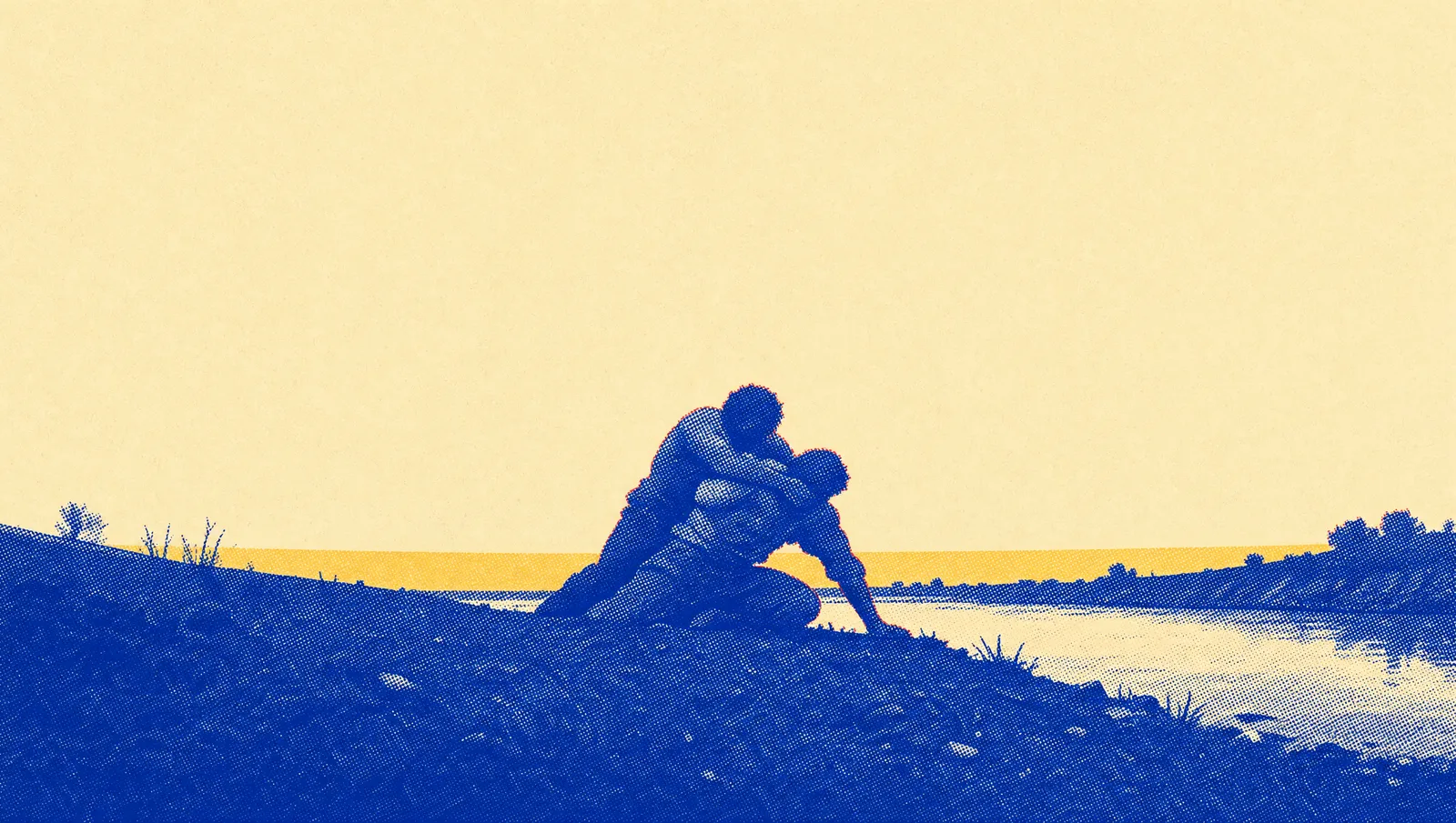 Two silhouetted figures wrestling on a riverbank at night, a thin golden band of dawn breaking on the horizon