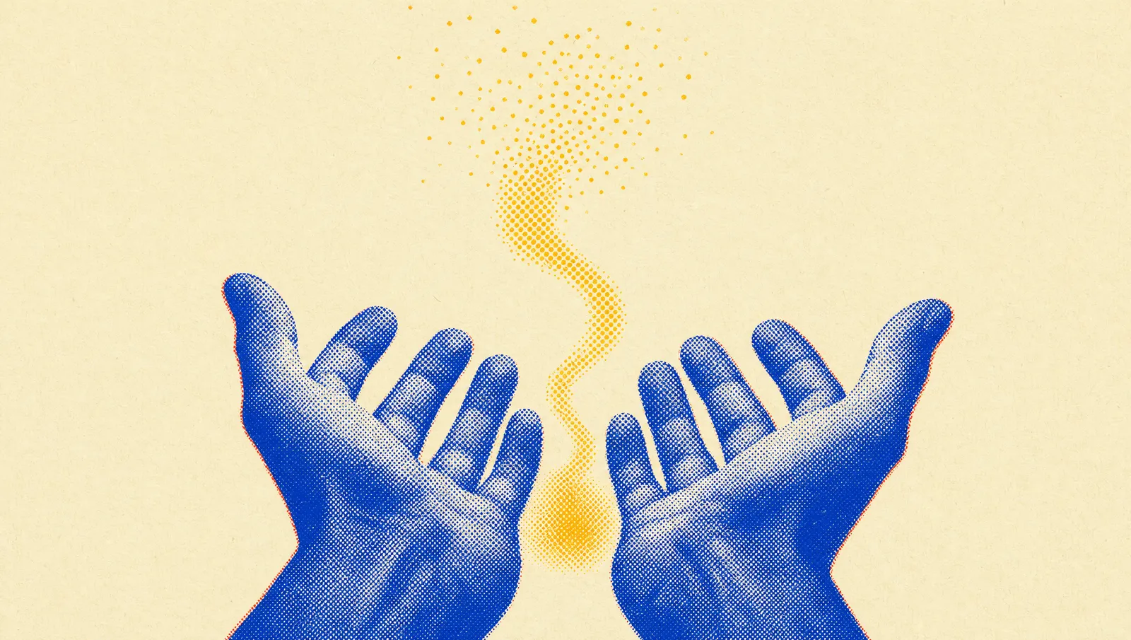 Two open upturned hands releasing a small wisp of golden light that rises and dissolves into halftone dots