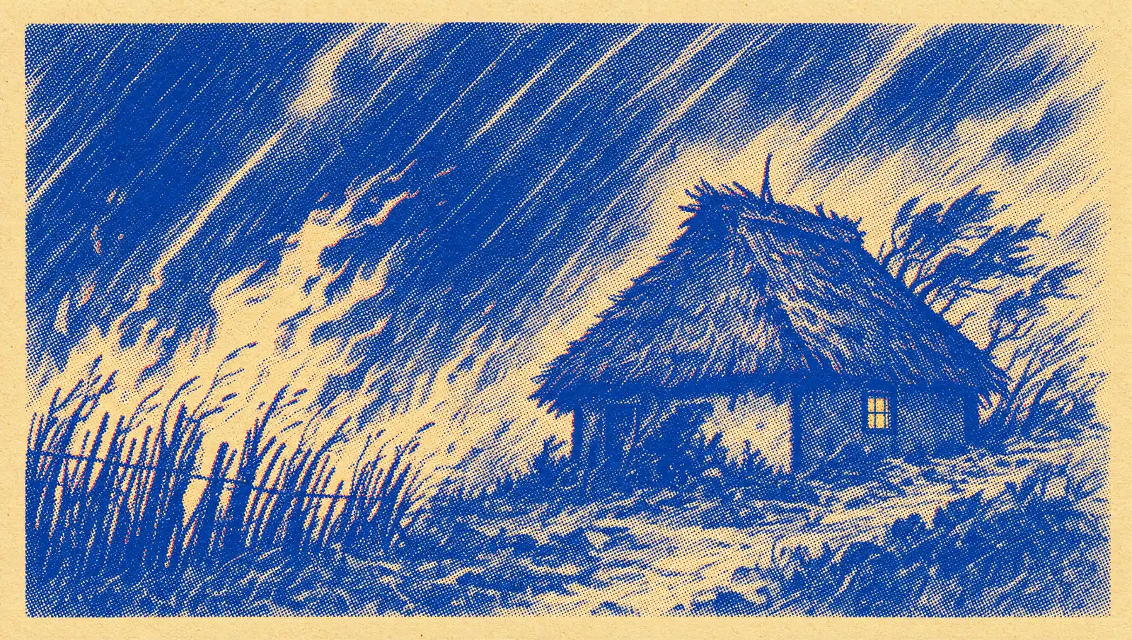 A small thatched house at night in driving rain, flames from a burning fence bending away from it, one window glowing gold