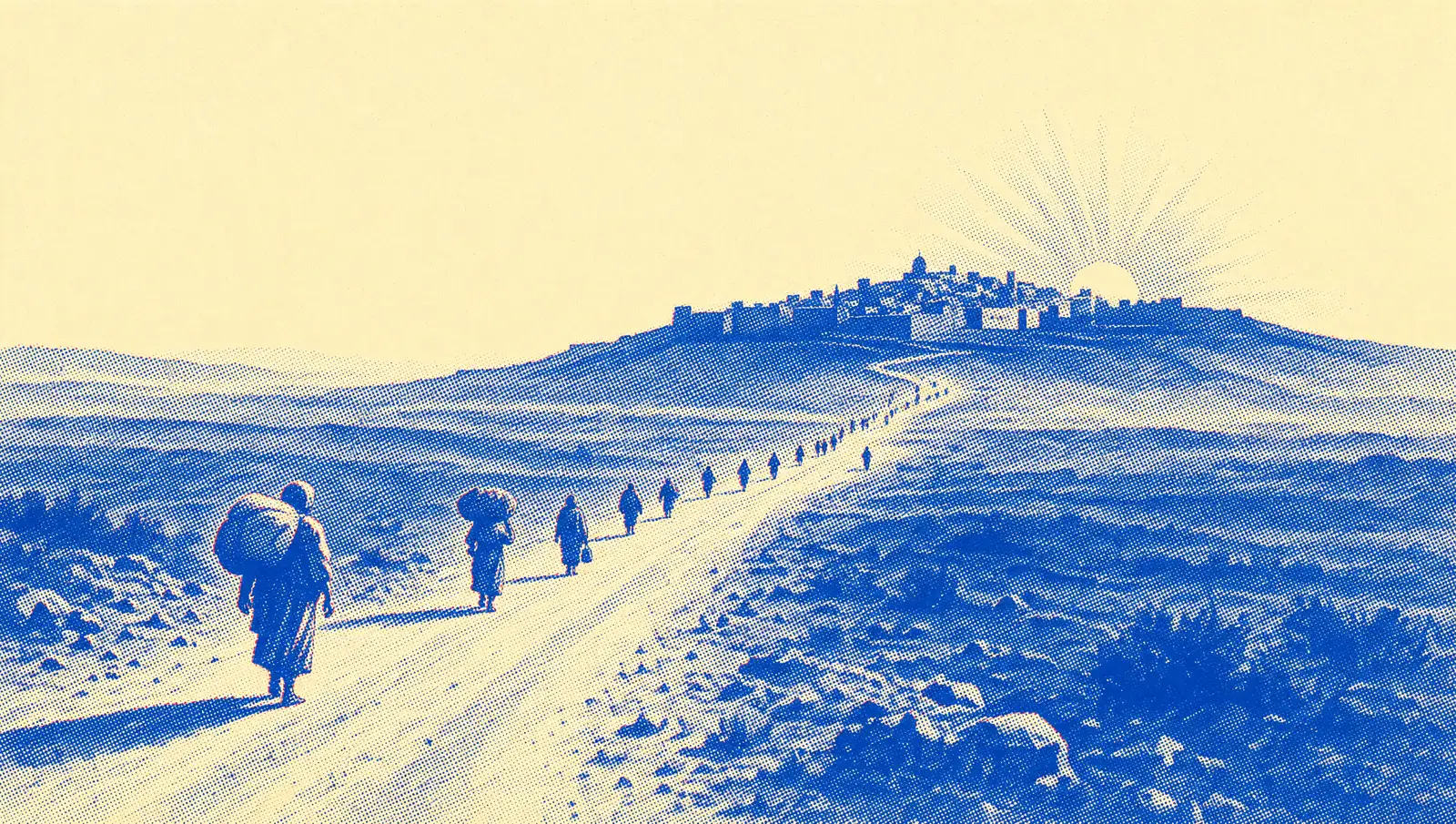 A long road climbing toward a small walled city on a hill at sunrise, tiny figures walking home along it carrying bundles