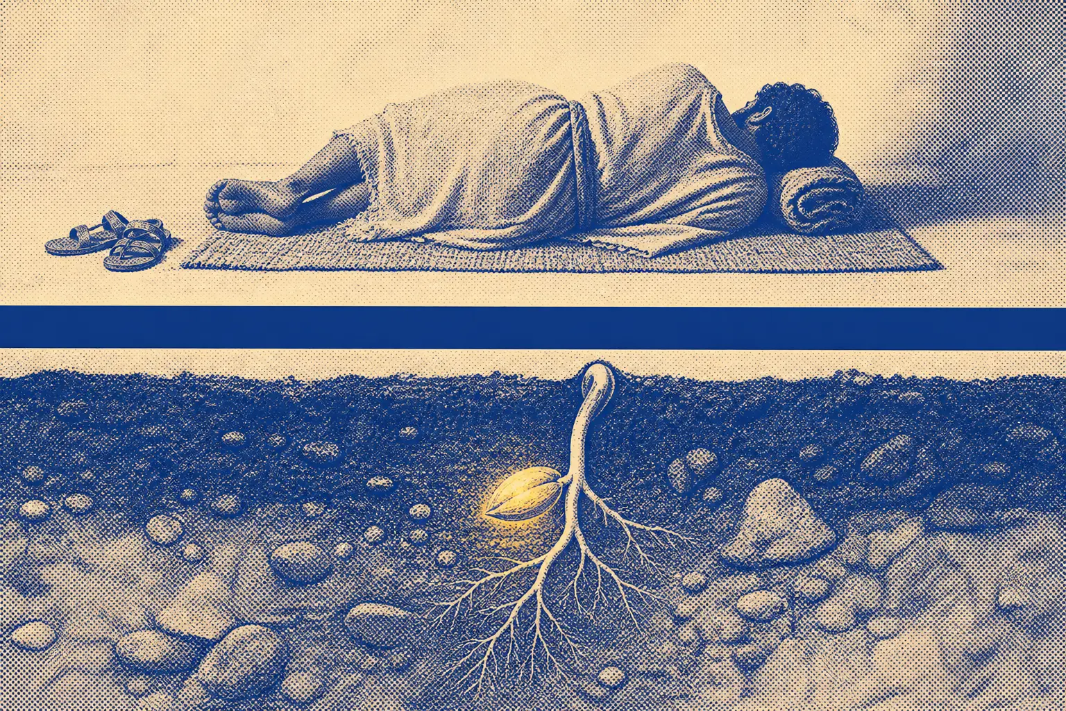 A cross-section split by one hard horizontal line: below, a barley seed germinating in soil with roots pushing down; above, a farmer asleep on a mat under a quiet sky