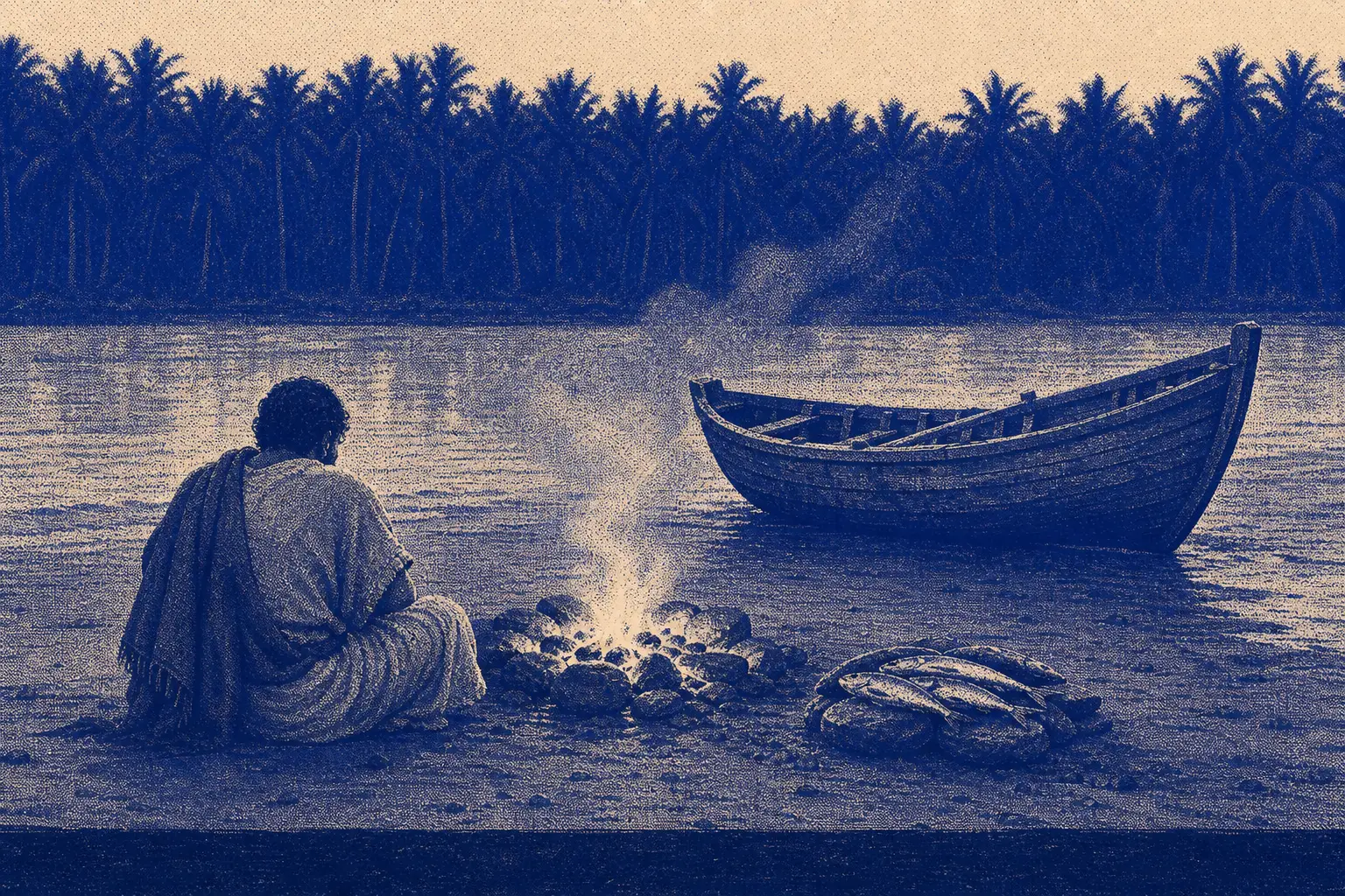 A low charcoal fire on a dark shore before dawn, fish on stones beside it, a beached wooden boat, one man seated with his back to the viewer and a second place set beside him