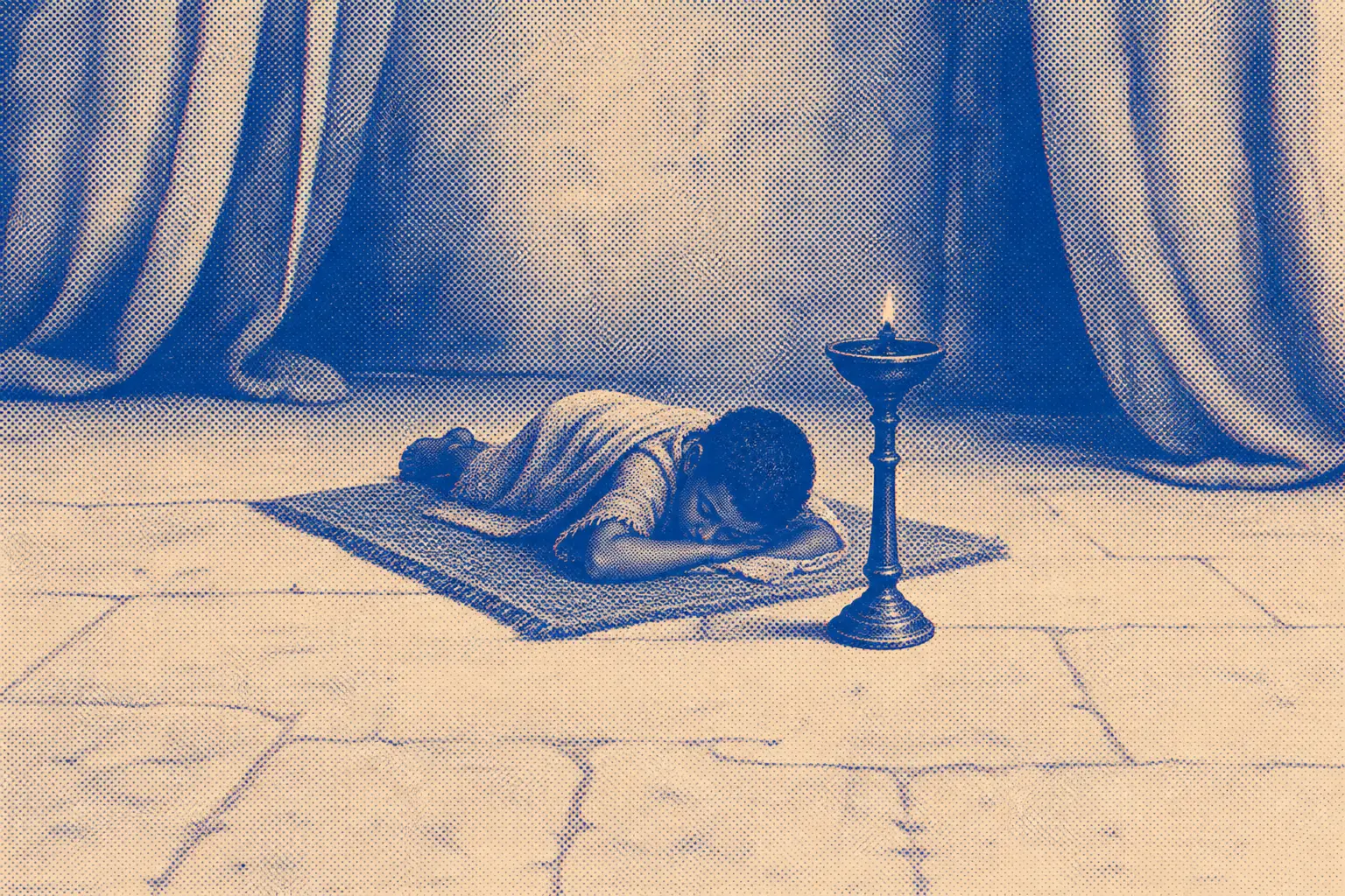A vast dark temple interior with heavy curtains, a bronze lampstand with its wick burnt almost to nothing, a boy asleep on a mat near its base