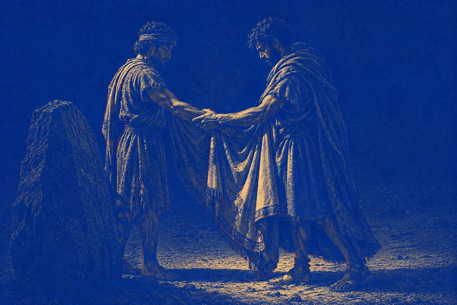 Two young men gripping each other's forearms in a field at dusk, a stone marker beside them, one wearing a prince's cloak and holding it half off his shoulders as though about to hand it over