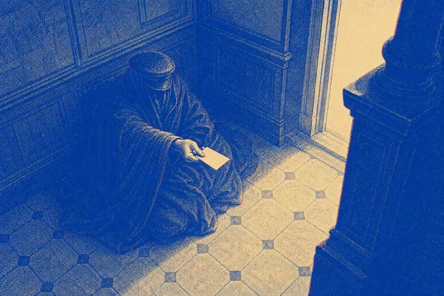 A man collapsed in the darkest corner of a Victorian railway waiting room, wrapped in a long cloak, one hand extended holding out a small white printed card toward an unseen figure at the door