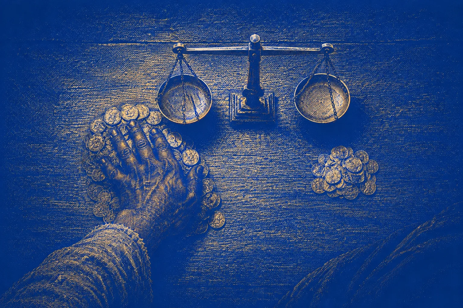 A heavy wooden money-changer's table at dusk, two unequal piles of coin either side of a set of balance scales, one hand pushing the whole of one pile across the table toward the other side