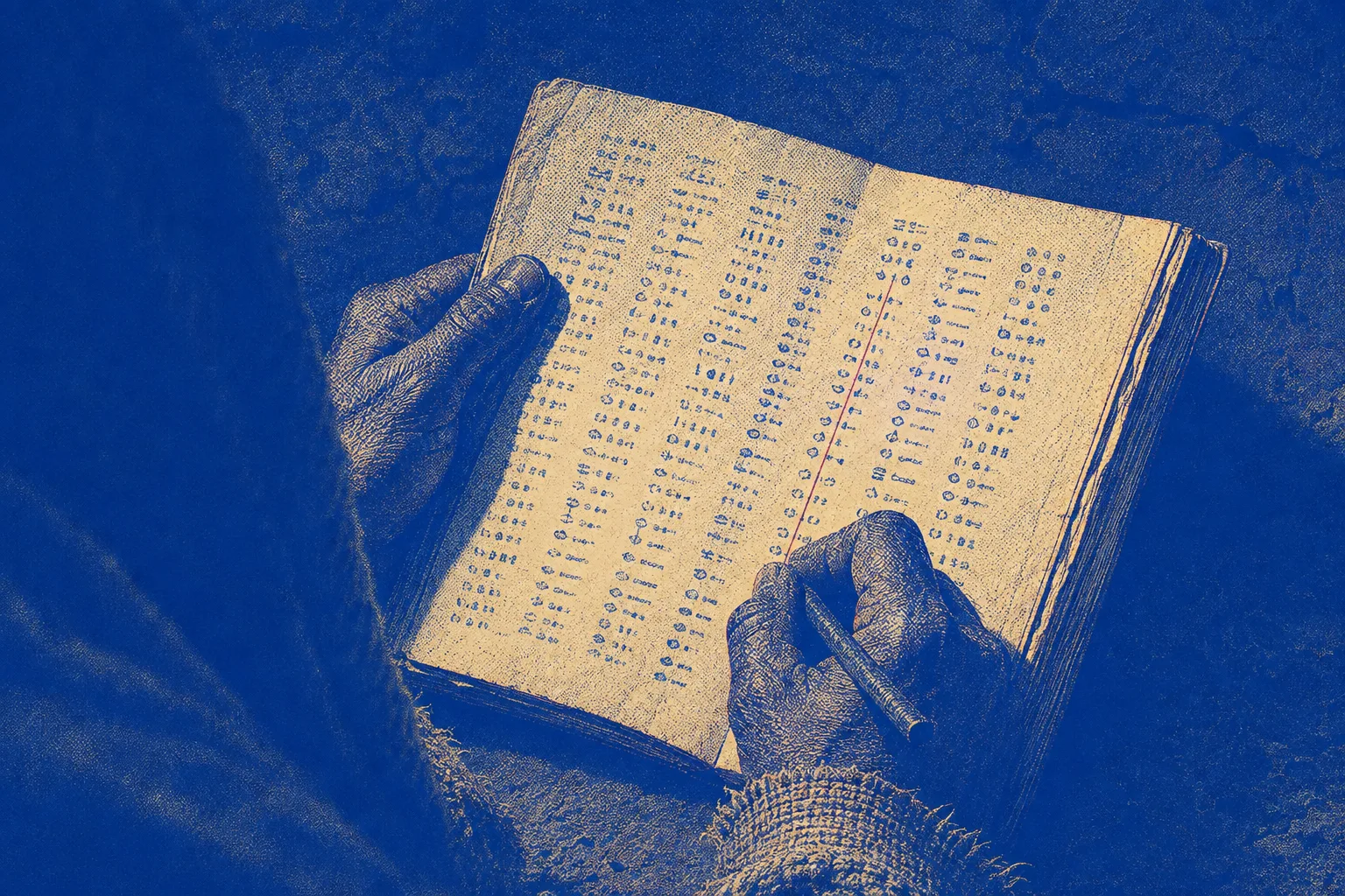 A single ledger page held open by two hands, columns of entries filling it, one hand drawing a line through the whole column rather than erasing any single figure