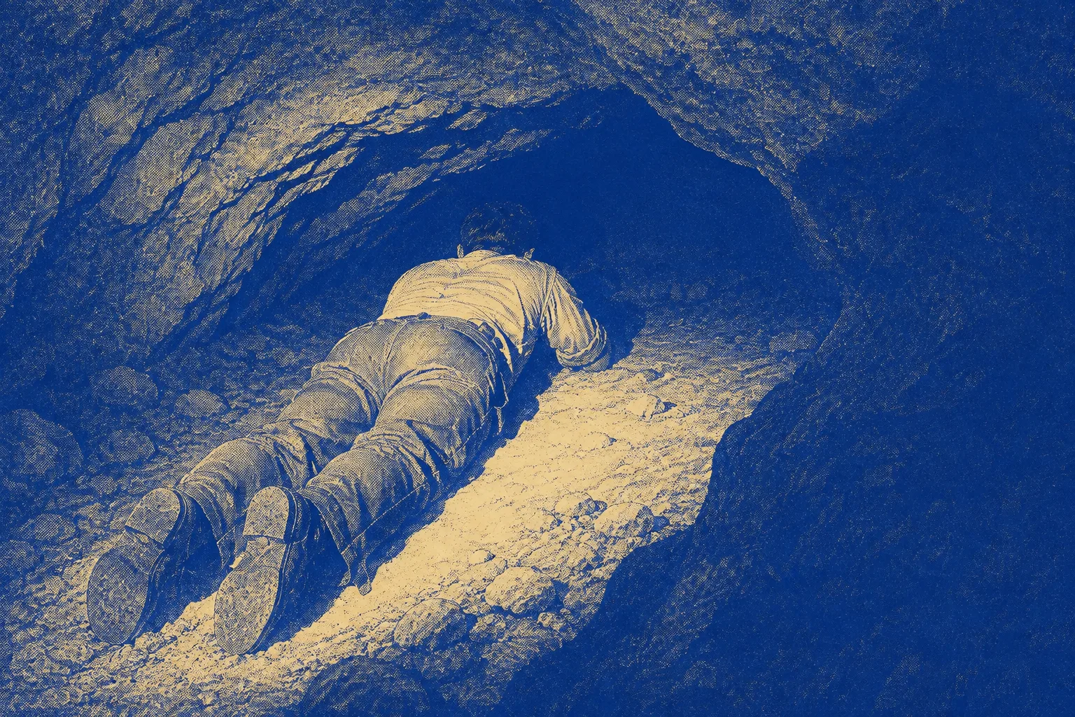 A single narrow shaft of light falling into a low stone crawlway, a man flat on his stomach moving into the dark toward it, the passage tightening ahead of him