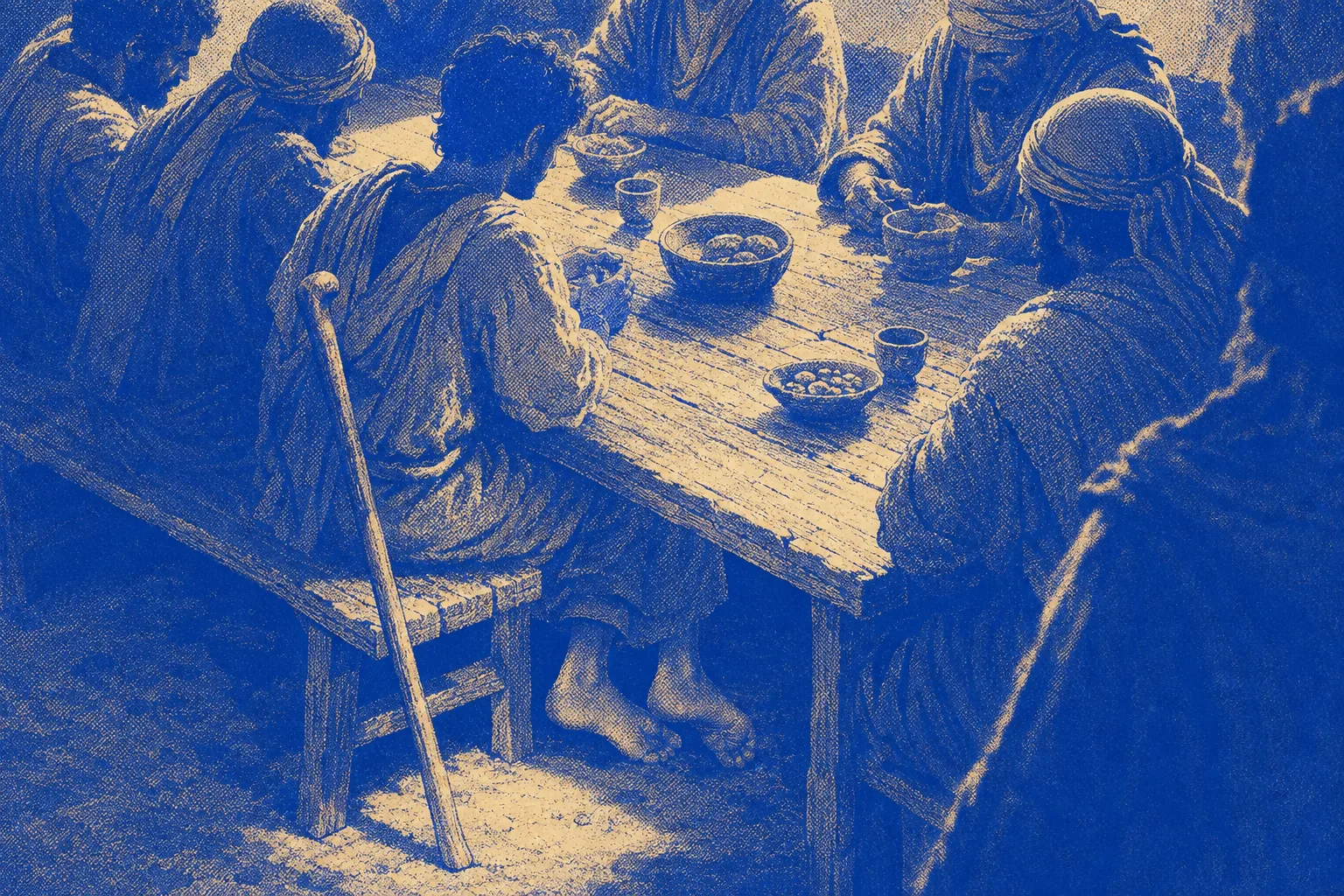 A long banquet table lit from one high window, a young man seated among the king's sons with a plain olive-wood staff leaning against the bench beside him, his bare feet visible beneath the uncovered table turned inward at an unnatural angle, nobody looking at them