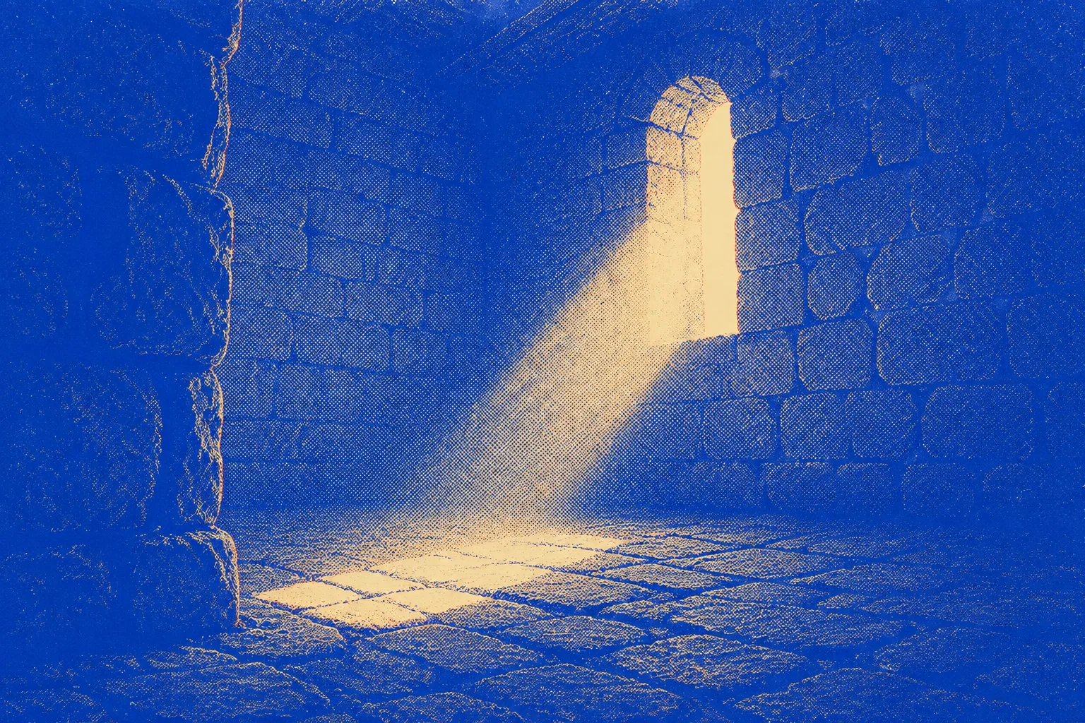 Morning light falling across an empty room through a tall window, dust visible in the beam, nothing else in the frame