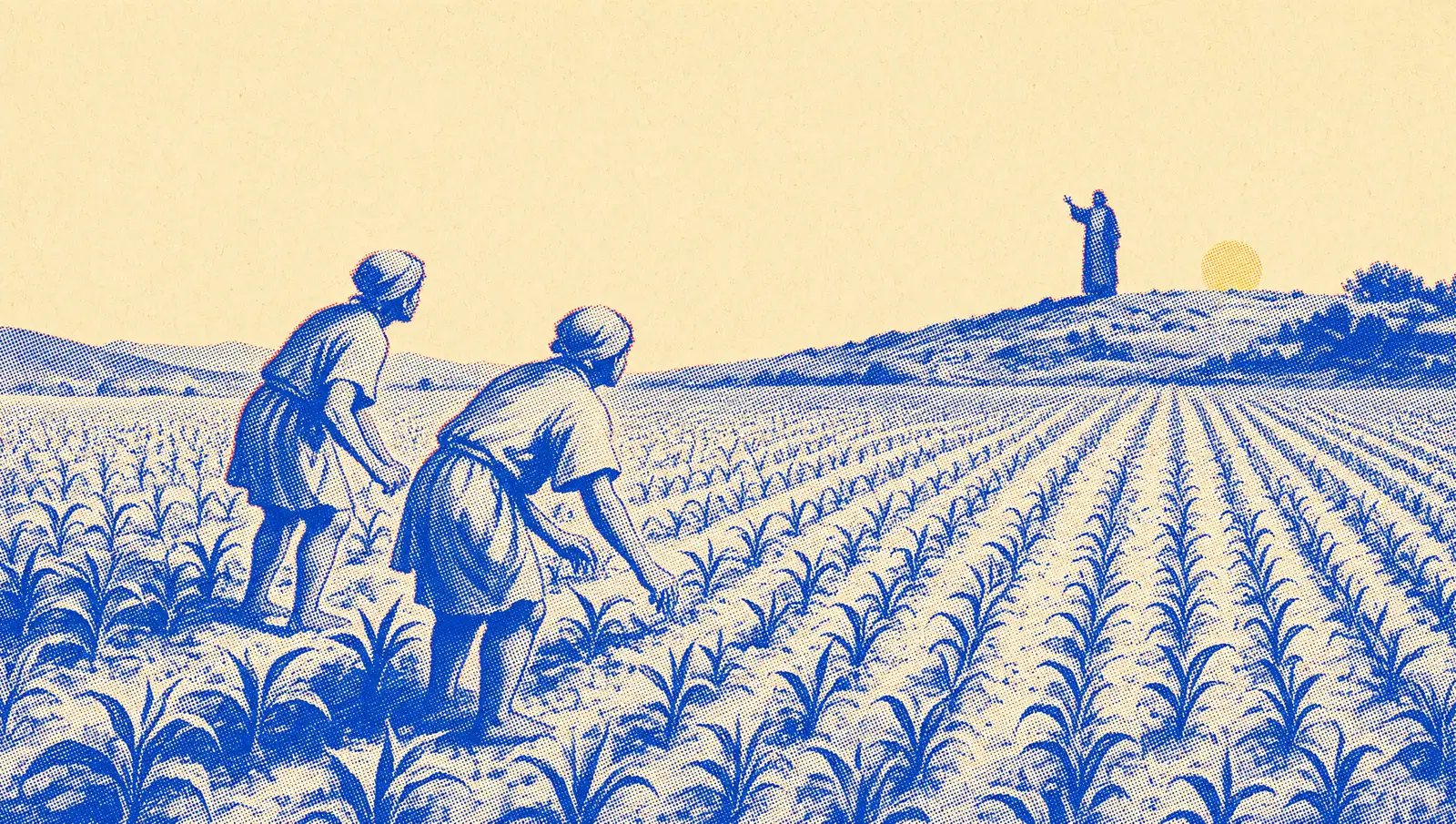 Two servants in a young field, hands hovering over the shoots, looking toward a distant master who lifts one hand