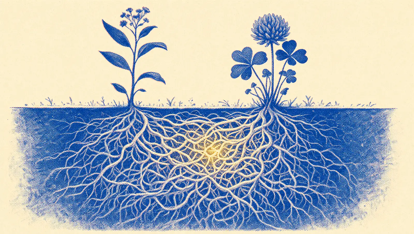 An underground cross-section showing two plants whose roots are completely intertwined, a warm glow at the center