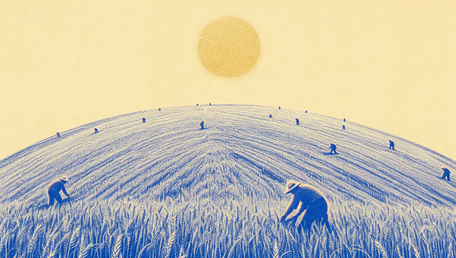 A vast grain field curving like the horizon of a globe, tiny workers scattered across it under one sun
