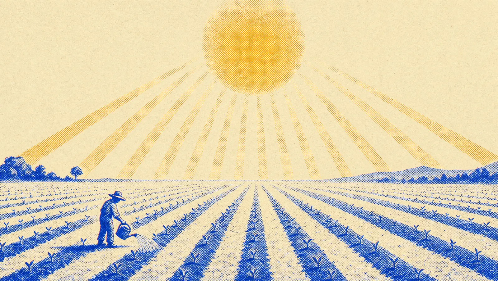 A small fieldhand watering young rows while one enormous sun pours its rays equally across every row
