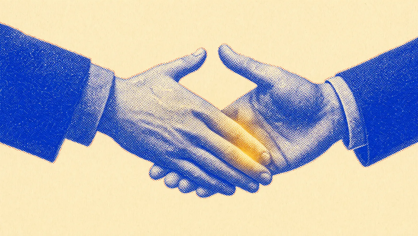 Two hands reaching toward each other to clasp, a small warm glow passing between the palms