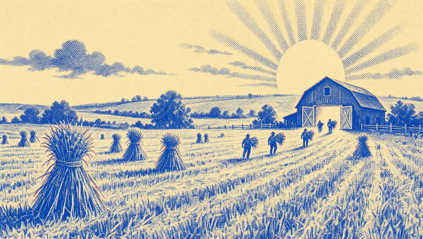 Harvest sunrise over a mown field: bound sheaves, reapers, and a barn with its doors thrown open to golden light