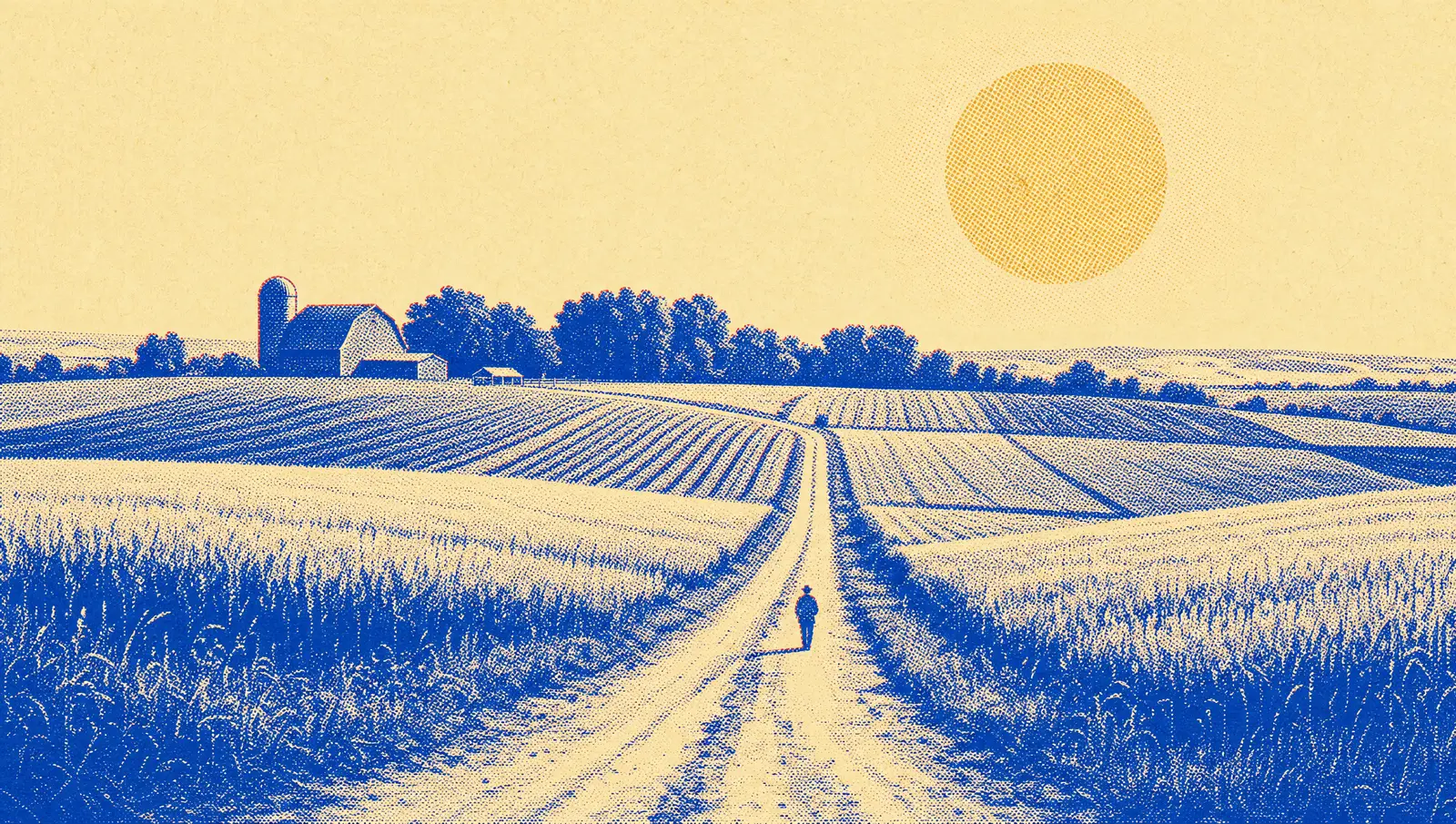 A farm seen from a low hill: a road leading into a broad mixed field, a distant barn, one great sun low on the horizon