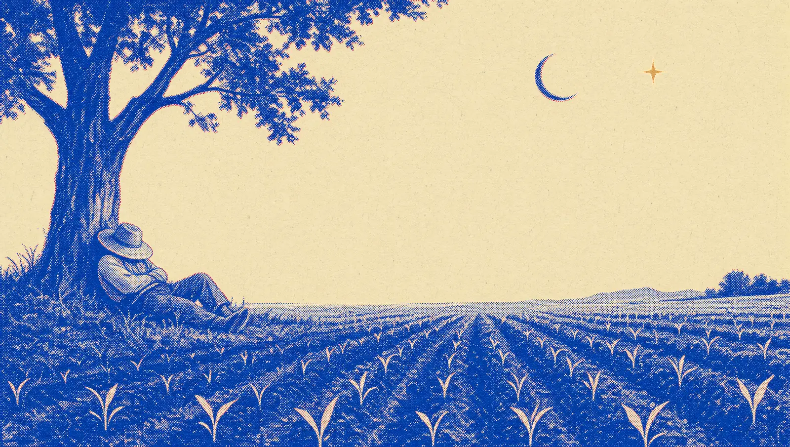 A farmer asleep under a tree at night while young shoots sprout from the dark rows on their own