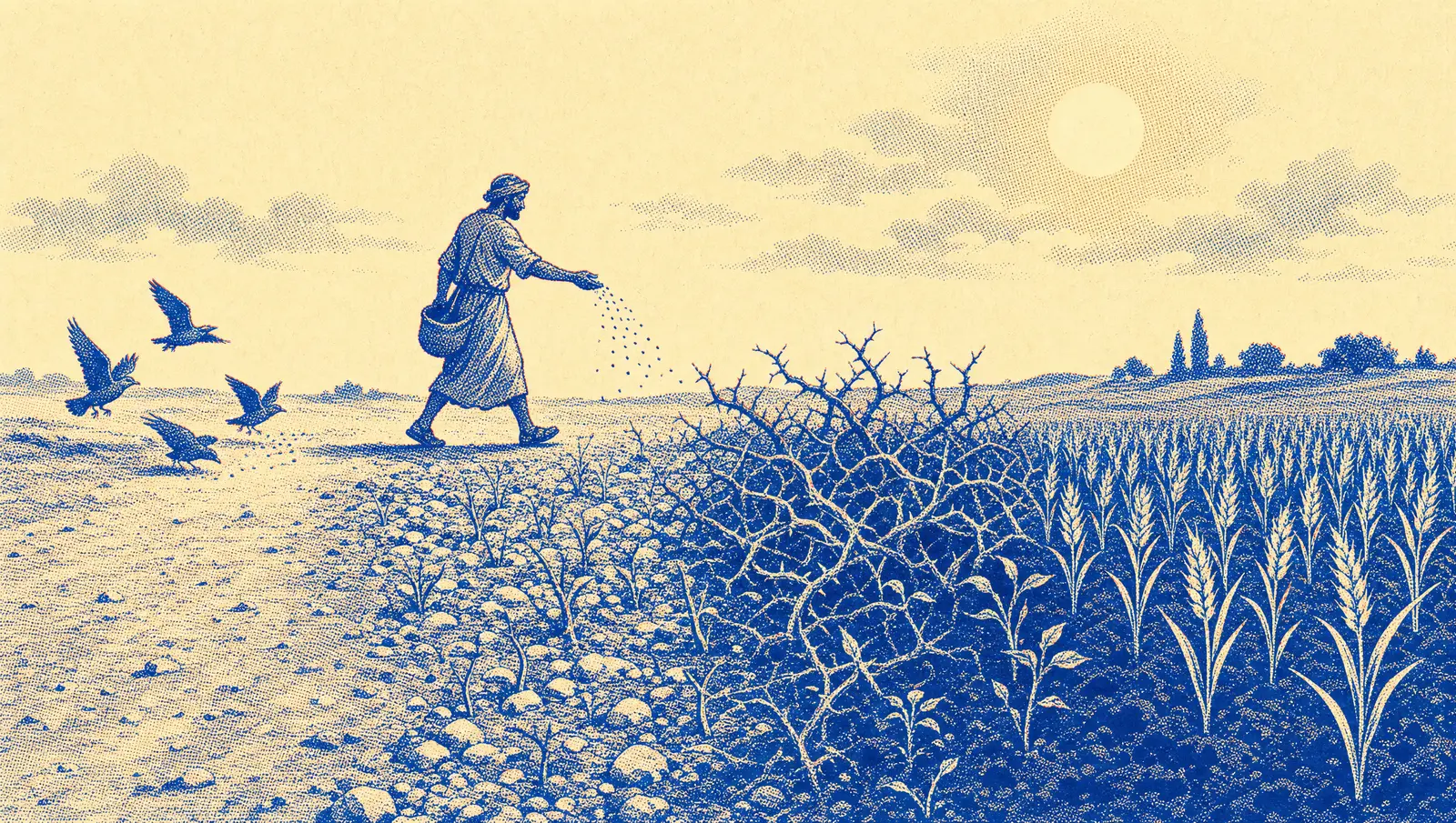 A sower broadcasting seed across four grounds: a bird-picked path, shallow rock, choking thorns, and rich tilled soil